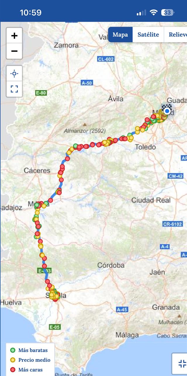 Ruta de Madrid a Sevilla con todas las gasolineras del camino